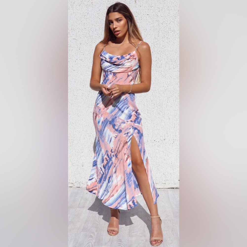 Peach and blue tie dye print midi dress